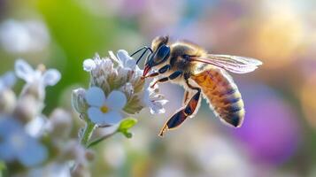 Honeybee pollinating white flowers in vibrant garden setting photo