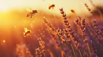 Honeybees pollinating lavender at sunset in a vibrant field scene photo