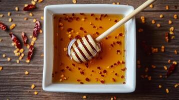 Spicy honey in square bowl with honey dipper on wooden table photo