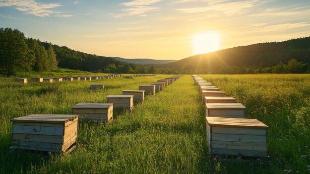 Sunlit apiary in lush green meadow during sunset photo