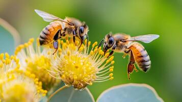 Two honeybees pollinating yellow flowers on a sunny day with vibrant green background photo