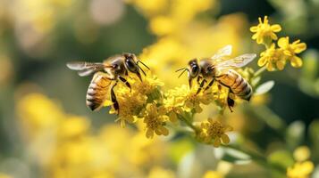 Two honeybees pollinating yellow flowers in sunlit garden with vibrant background photo