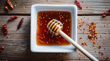 Wooden honey dipper with honey and red pepper flakes on rustic wooden table photo