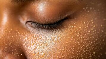 Close-up of african female skin with dewy texture and closed eye photo