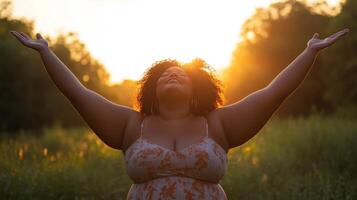 Joyful hispanic woman embracing sunset in nature with open arms photo