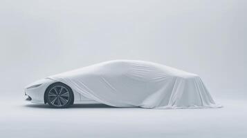 Sleek white car concealed under elegant fabric in minimalist studio photo