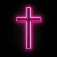 Glowing neon pink cross on black background photo
