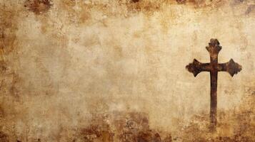 Antique wooden cross on rustic grunge background photo