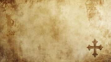 Vintage grunge background with decorative metal cross on textured surface photo