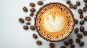 Artistic cappuccino with latte art and coffee beans on white background photo