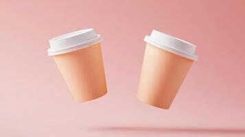 Floating duo of peach disposable coffee cups with white lids on soft pink background photo