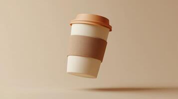 Floating coffee cup with cardboard sleeve on beige background photo