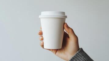 Hand holding white paper coffee cup with lid against gray background photo