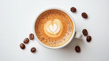 Heart-shaped latte art in a cup surrounded by coffee beans on white background photo