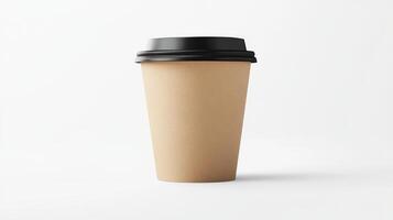 Minimalist brown paper coffee cup with black lid on white background photo