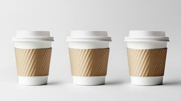 Three coffee cups with ripple cardboard sleeves on minimalist white background photo