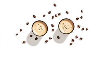 Two cups of espresso with coffee beans on a white surface photo