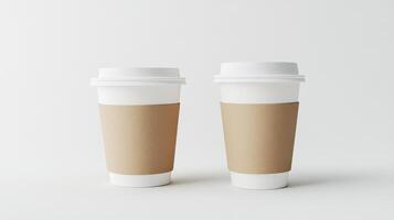 Two disposable coffee cups with cardboard sleeves on plain background photo