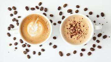 Two coffee cups with latte art and cocoa powder surrounded by coffee beans photo