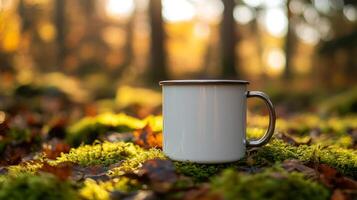 White metal mug on mossy forest floor in autumn sunlight photo