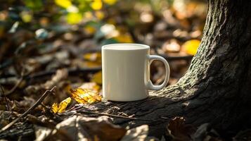White ceramic mug on sunlit forest floor with autumn leaves photo