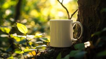 White mug in sunlit forest setting amid lush greenery photo