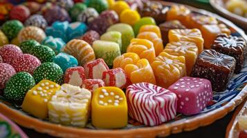 Colorful assortment of sweet candies and decorated confections on a plate photo