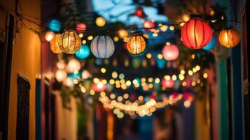 Colorful lanterns and string lights adorning a festive alleyway at dusk photo