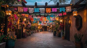 Colorful mexican street with papel picado and festive lanterns at dusk photo