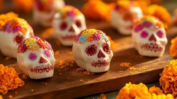 Colorful sugar skulls celebrating day of the dead with vibrant marigolds photo