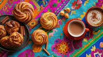 Colorful patterned tablecloth with pastries and coffee on a vibrant breakfast setup photo