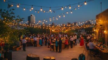 Evening rooftop party with diverse adults under string lights in urban setting photo