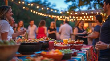 Outdoor summer party with diverse young adults enjoying evening gatherings and food photo