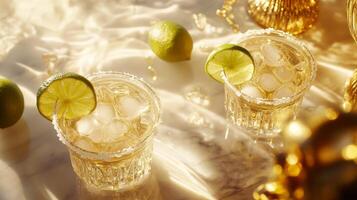 Refreshing lime margaritas on ice with salt rim in sunlit atmosphere photo