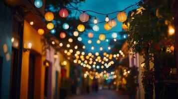 Vibrant lanterns illuminate quaint alley at twilight photo