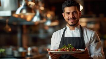 Young hispanic male chef presenting dish in professional kitchen setting photo