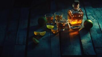 Whiskey bottle and glasses with lime slices on wooden table in moody lighting photo