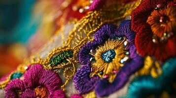 Vibrant colorful embroidered floral fabric with intricate patterns and beaded details photo