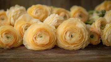 Close up detailed shot of blooming ranunculus flowers on rustic wood background.Vishu day photo