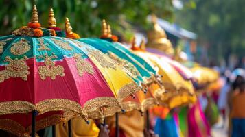 Close up of vibrant traditional parasols in cultural celebration scene.Vishu day photo