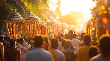 Colorful outdoor vishu festival procession in sunlit tropical setting.Vishu day photo