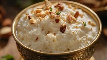 Close up of traditional kerala dessert with nuts in an ornate bowl.Vishu day photo