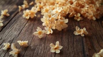 Close-up detailed view of blooming konna flowers on rustic wooden surface.Vishu day photo