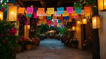 Vibrant festive courtyard with colorful papel picado decorations and lanterns photo