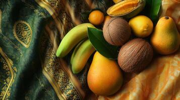 Artistic display of vibrant fruits on ornate fabric background for colorful decor.Vishu day photo
