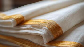 Close up view of traditional kasavu fabric with golden border detailing.Vishu day photo