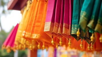 Close-up of colorful traditional fabrics with intricate patterns for cultural design.Vishu day photo