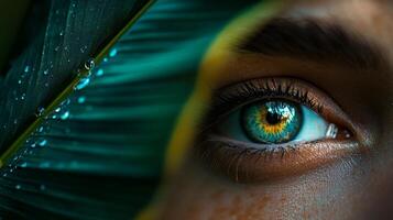 Close-up of human eye peeking through vibrant dew-covered banana leaf texture.Vishu day photo