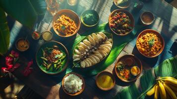 Colorful overhead flat lay of traditional indian cuisine with varied dishes on wooden table.Vishu day photo