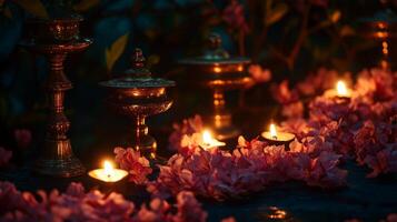 Elegant still life composition with brass lamps and candlelit flowers for tranquil ambiance.Vishu day photo